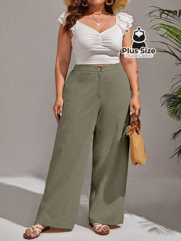 Calça Lisa de Botão Perna Reta Plus Size G / Verde Calça Lisa de Botão Perna Reta Plus Size