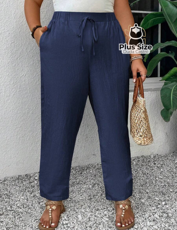  Azul Marinho Calça Natural Luxe com Bolsos Laterais | 100%