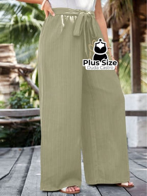 Calça Pantalona Com Laço E Cintura Alta Plus Size