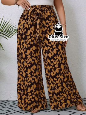 Plussize Calça Pantalona Com Laço E Cintura Alta