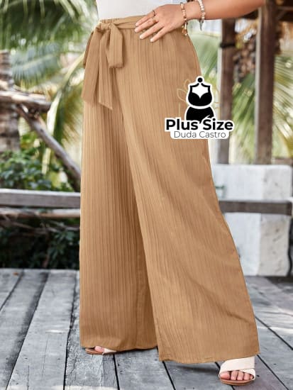 Calça Pantalona Com Laço E Cintura Alta Plus Size