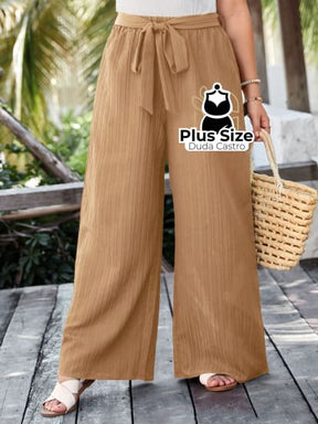 Calça Pantalona Com Laço E Cintura Alta Plus Size G / Caqui