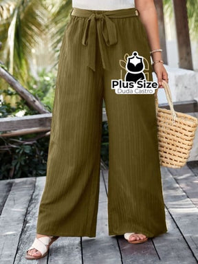 Calça Pantalona Com Laço E Cintura Alta Plus Size G / Verde Militar