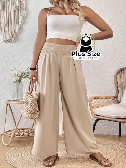 Calça Pantalona Coz Largo Em Elástico Várias Cores Plus Size Calça