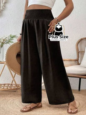 Calça Pantalona Coz Largo Em Elástico Várias Cores Plus Size Calça