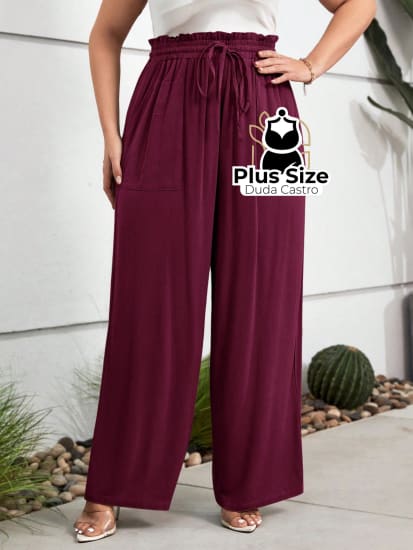 Calça Pantalona Em Viscose Cintura Alta Várias Cores Plus Size G / Bordô Calça