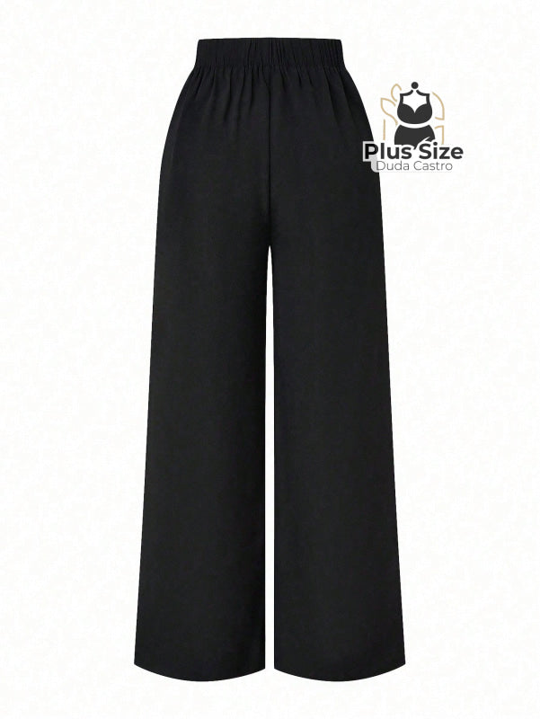 Calça Perna Larga Cintura Alta com Detalhe de Botões Várias Cores Plus Size Calça Perna Larga Cintura Alta com Detalhe