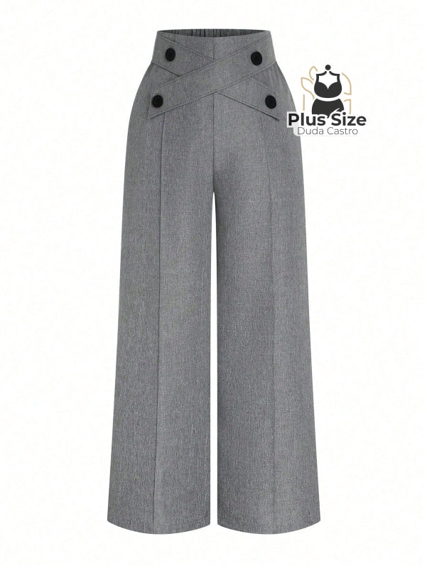Calça Perna Larga Cintura Alta com Detalhe de Botões Várias Cores Plus Size Calça Perna Larga Cintura Alta com Detalhe