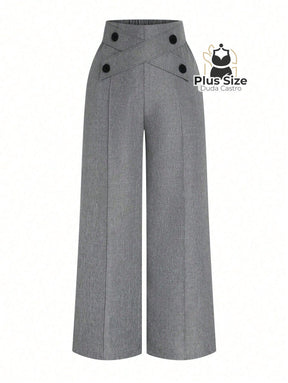 Calça Perna Larga Cintura Alta com Detalhe de Botões Várias Cores Plus Size Calça Perna Larga Cintura Alta com Detalhe