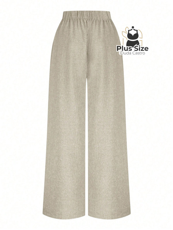 Calça Perna Larga Cintura Alta com Detalhe de Botões Várias Cores Plus Size Calça Perna Larga Cintura Alta com Detalhe