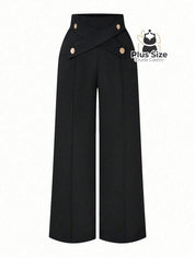 Calça Perna Larga Cintura Alta com Detalhe de Botões Várias Cores Plus Size Calça Perna Larga Cintura Alta com Detalhe