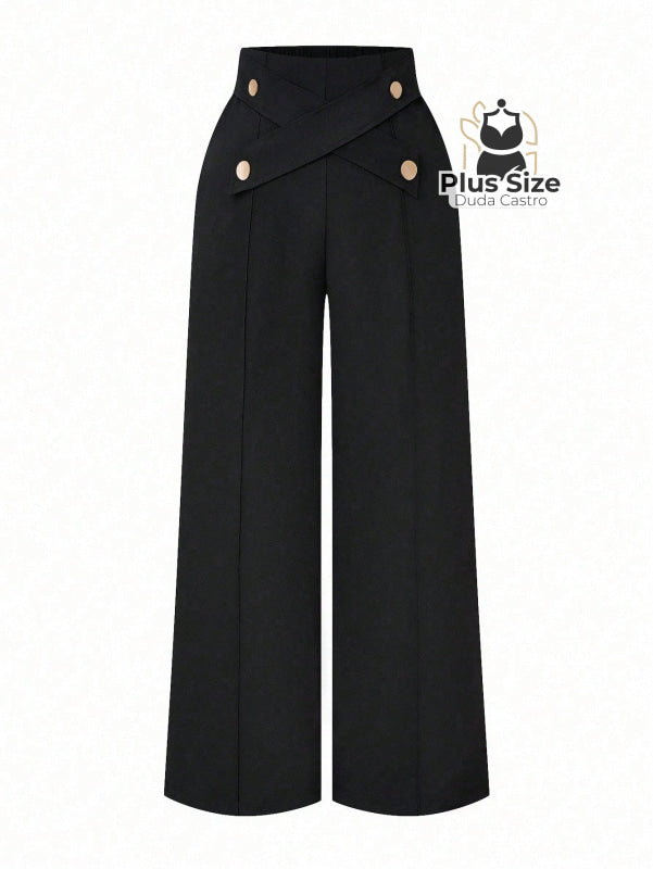 Calça Perna Larga Cintura Alta com Detalhe de Botões Várias Cores Plus Size Calça Perna Larga Cintura Alta com Detalhe