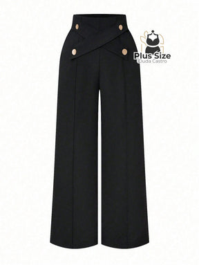 Calça Perna Larga Cintura Alta com Detalhe de Botões Várias Cores Plus Size Calça Perna Larga Cintura Alta com Detalhe