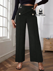 Calça Perna Larga Cintura Alta com Detalhe de Botões Várias Cores Plus Size Calça Perna Larga Cintura Alta com Detalhe