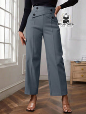 Calça Perna Larga Cintura Alta com Detalhe de Botões Várias Cores Plus Size Calça Perna Larga Cintura Alta com Detalhe
