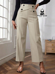 Calça Perna Larga Cintura Alta com Detalhe de Botões Várias Cores Plus Size Calça Perna Larga Cintura Alta com Detalhe