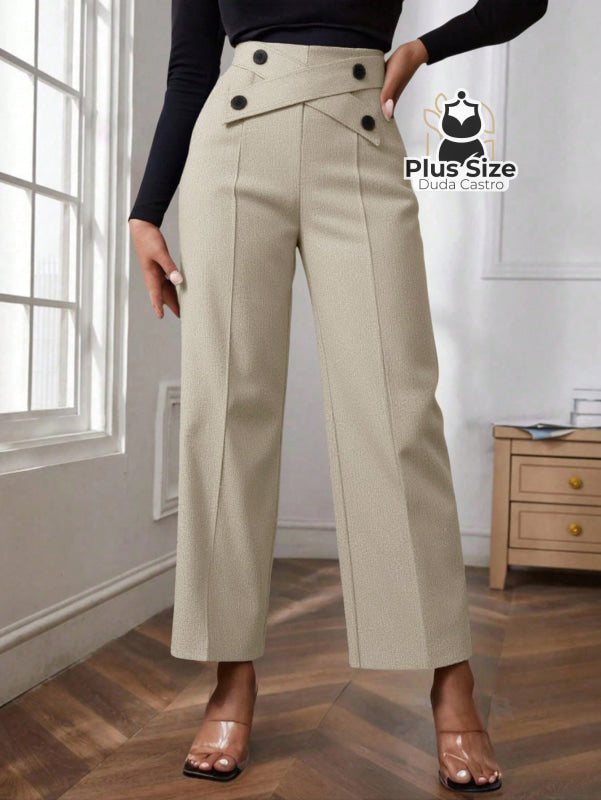 Calça Perna Larga Cintura Alta com Detalhe de Botões Várias Cores Plus Size Calça Perna Larga Cintura Alta com Detalhe