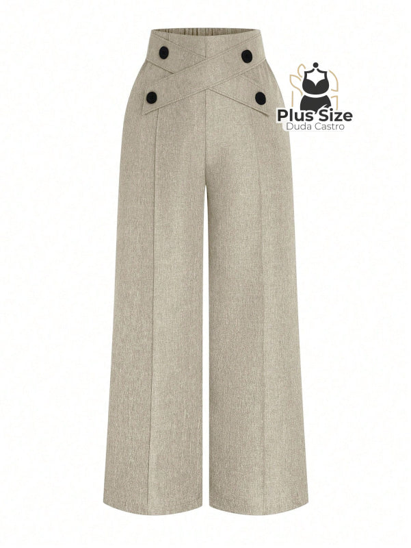 Calça Perna Larga Cintura Alta com Detalhe de Botões Várias Cores Plus Size Calça Perna Larga Cintura Alta com Detalhe