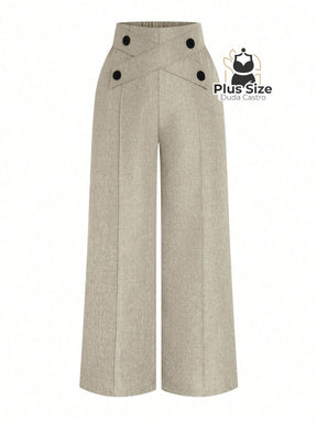 Calça Perna Larga Cintura Alta com Detalhe de Botões Várias Cores Plus Size Calça Perna Larga Cintura Alta com Detalhe