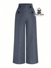 Calça Perna Larga Cintura Alta com Detalhe de Botões Várias Cores Plus Size Calça Perna Larga Cintura Alta com Detalhe