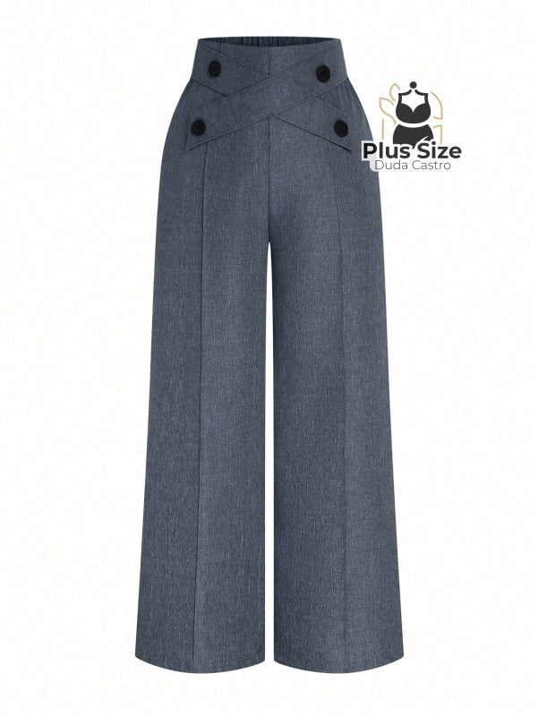 Calça Perna Larga Cintura Alta com Detalhe de Botões Várias Cores Plus Size Calça Perna Larga Cintura Alta com Detalhe