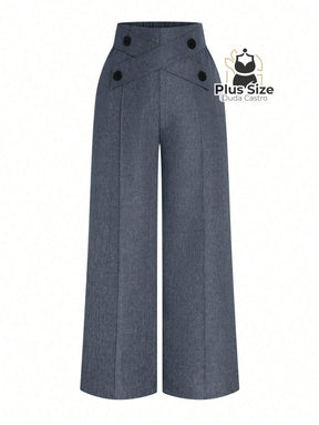Calça Perna Larga Cintura Alta com Detalhe de Botões Várias Cores Plus Size Calça Perna Larga Cintura Alta com Detalhe