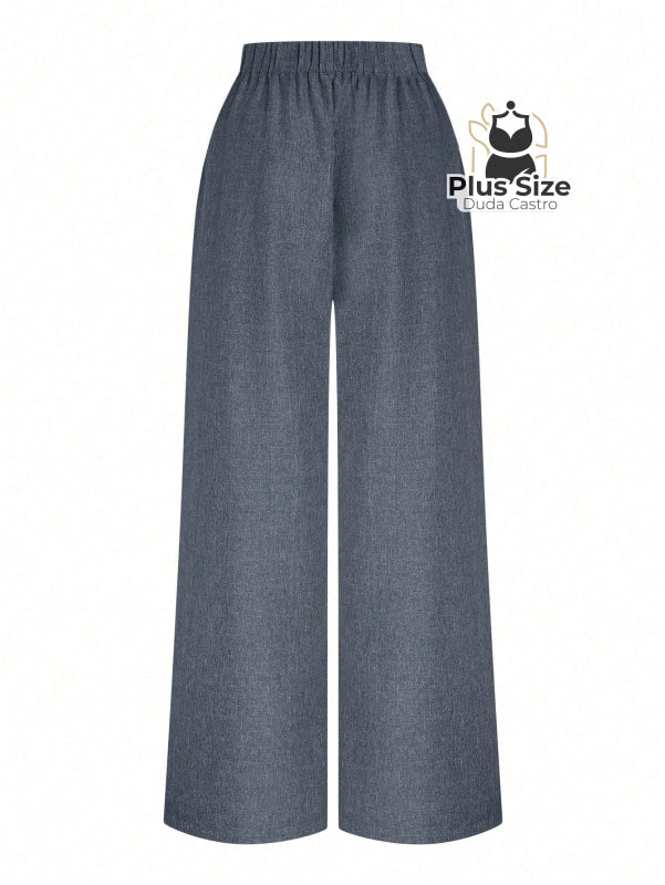 Calça Perna Larga Cintura Alta com Detalhe de Botões Várias Cores Plus Size Calça Perna Larga Cintura Alta com Detalhe