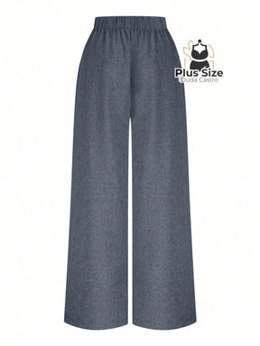 Calça Perna Larga Cintura Alta com Detalhe de Botões Várias Cores Plus Size Calça Perna Larga Cintura Alta com Detalhe