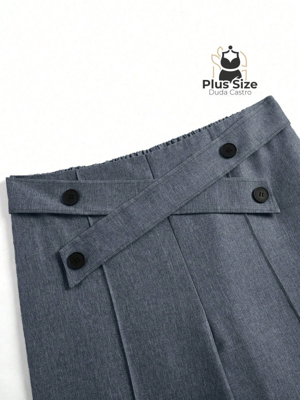 Calça Perna Larga Cintura Alta com Detalhe de Botões Várias Cores Plus Size Calça Perna Larga Cintura Alta com Detalhe