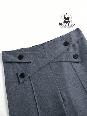 Calça Perna Larga Cintura Alta com Detalhe de Botões Várias Cores Plus Size Calça Perna Larga Cintura Alta com Detalhe