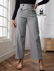 Calça Perna Larga Cintura Alta com Detalhe de Botões Várias Cores Plus Size Calça Perna Larga Cintura Alta com Detalhe