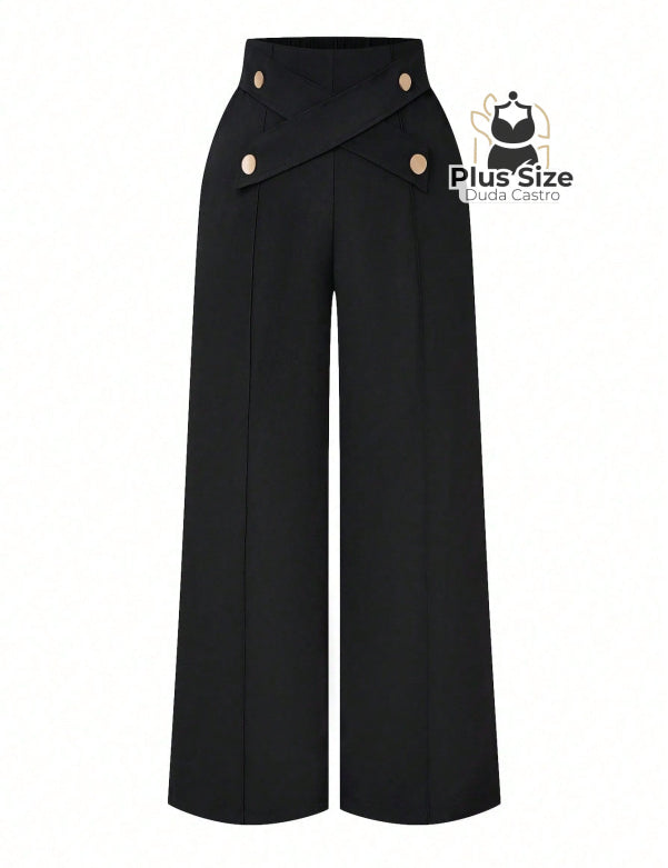 Calça Perna Larga Cintura Alta com Detalhe de Botões Várias Cores Plus Size Calça Perna Larga Cintura Alta com Detalhe