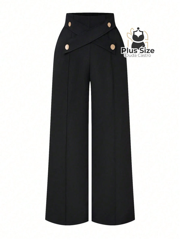 Calça Perna Larga Cintura Alta com Detalhe de Botões Várias Cores Plus Size Calça Perna Larga Cintura Alta com Detalhe