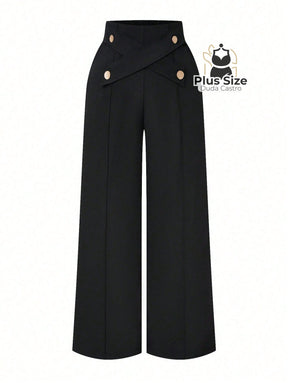 Calça Perna Larga Cintura Alta com Detalhe de Botões Várias Cores Plus Size Calça Perna Larga Cintura Alta com Detalhe