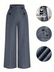 Calça Perna Larga Cintura Alta com Detalhe de Botões Várias Cores Plus Size G / Azul Marinho Calça Perna Larga Cintura
