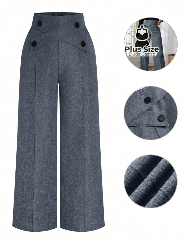  Azul Marinho Calça Perna Larga Cintura
