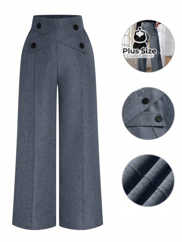 Calça Perna Larga Cintura Alta com Detalhe de Botões Várias Cores Plus Size G / Azul Marinho Calça Perna Larga Cintura
