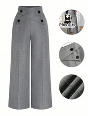 Calça Perna Larga Cintura Alta com Detalhe de Botões Várias Cores Plus Size G / Cinza Calça Perna Larga Cintura Alta