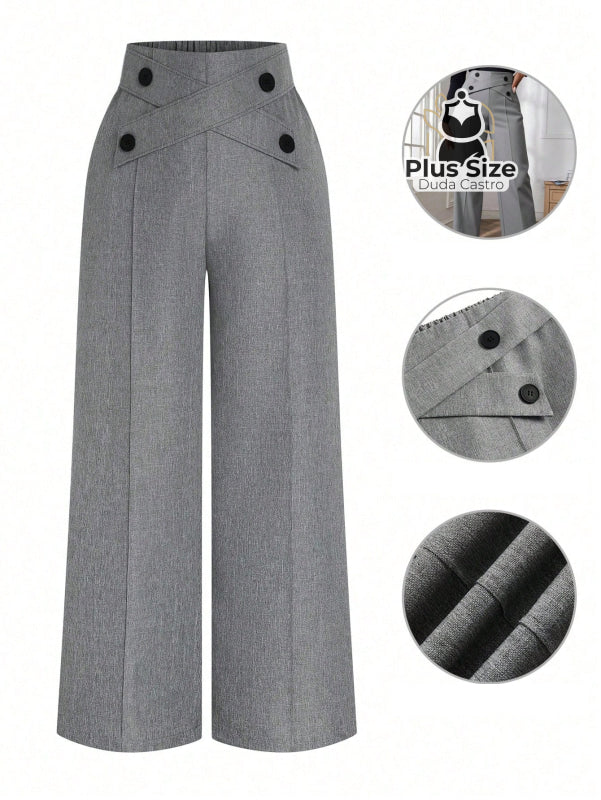 Calça Perna Larga Cintura Alta com Detalhe de Botões Várias Cores Plus Size G / Cinza Calça Perna Larga Cintura Alta