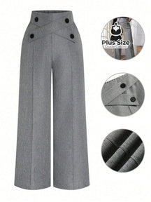 Calça Perna Larga Cintura Alta com Detalhe de Botões Várias Cores Plus Size G / Cinza Calça Perna Larga Cintura Alta