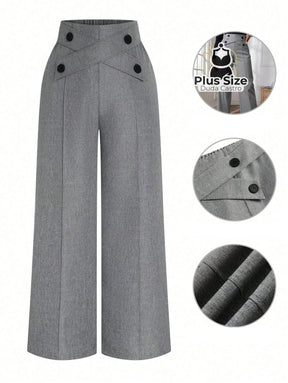Calça Perna Larga Cintura Alta com Detalhe de Botões Várias Cores Plus Size G / Cinza Calça Perna Larga Cintura Alta