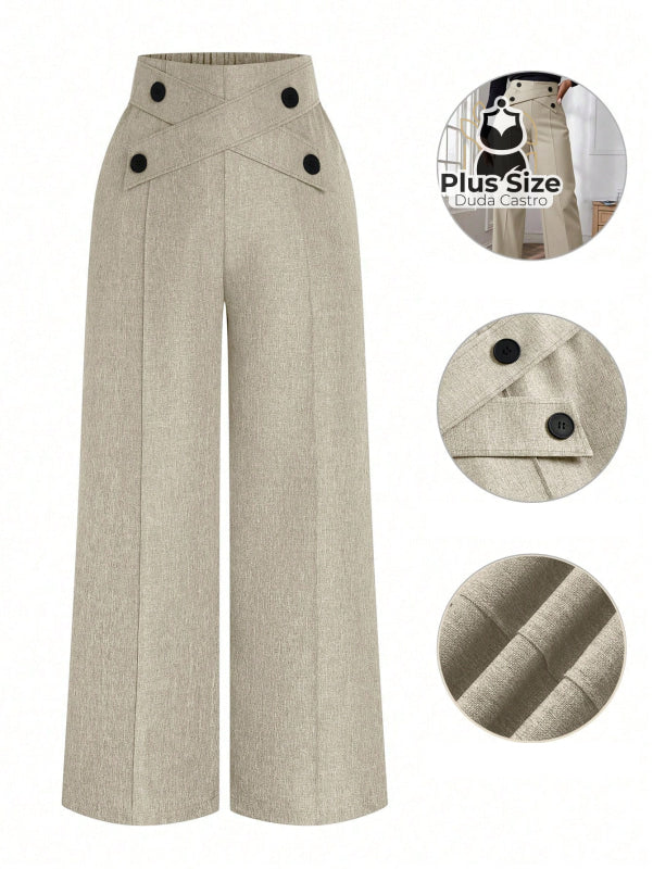 Calça Perna Larga Cintura Alta com Detalhe de Botões Várias Cores Plus Size G / Damasco Calça Perna Larga Cintura Alta