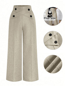 Calça Perna Larga Cintura Alta com Detalhe de Botões Várias Cores Plus Size G / Damasco Calça Perna Larga Cintura Alta