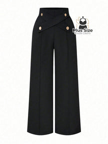Calça Perna Larga Cintura Alta com Detalhe de Botões Várias Cores Plus Size G / Preto 110 Calça Perna Larga Cintura