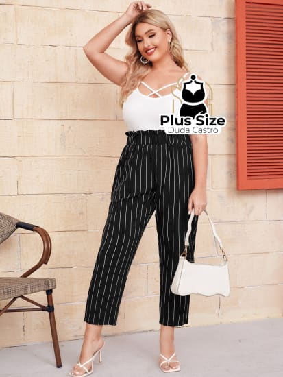 Calça Risca De Giz Cintura Alta Plus Size Calça