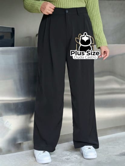 Calça Social Caimento Solto Perna Larga Com Plissados Várias Cores Plus Size