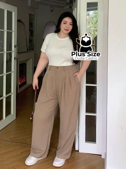 Calça Social Caimento Solto Perna Larga Com Plissados Várias Cores Plus Size