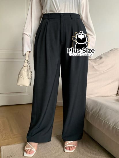 Calça Social Caimento Solto Perna Larga Com Plissados Várias Cores Plus Size