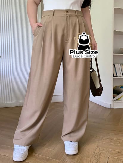 Calça Social Caimento Solto Perna Larga Com Plissados Várias Cores Plus Size