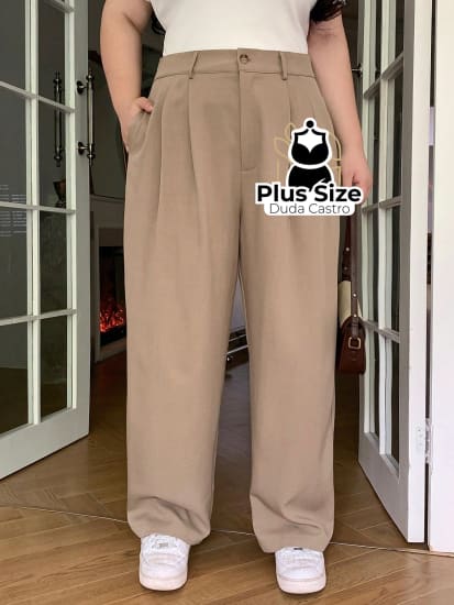 Calça Social Caimento Solto Perna Larga Com Plissados Várias Cores Plus Size